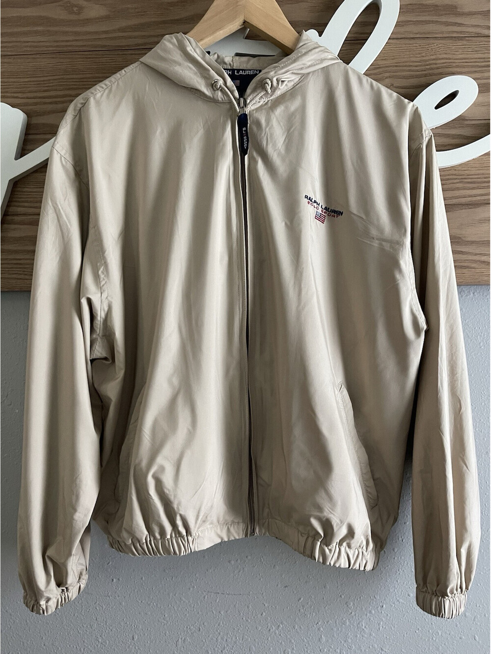 Vintage Polo Ralph Lauren Sport Hooded Windbreaker Jacket Flag 90S Beige M